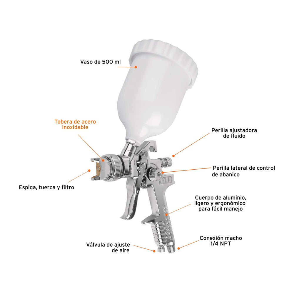 img Pistola de Aluminio Truper de 2 mm con Vaso Plastico gravedad HVLP