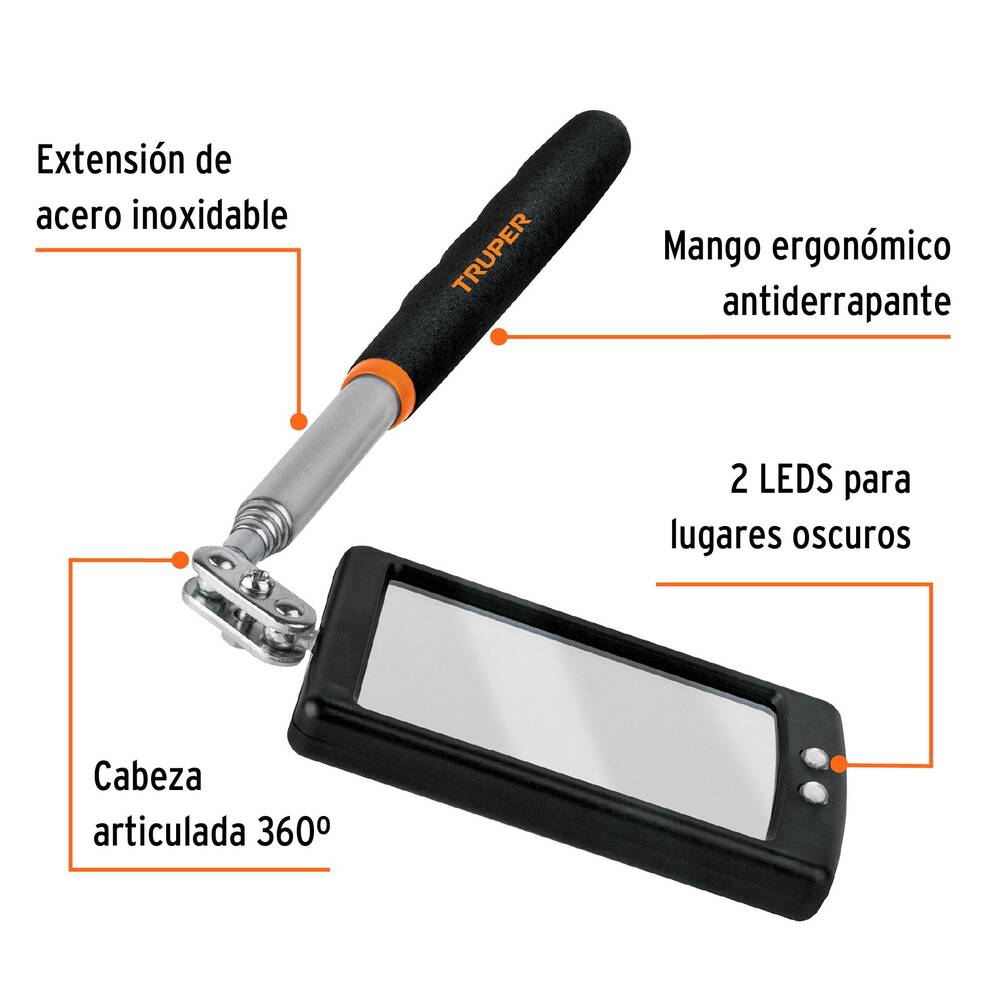 img Espejo Telescópico Truper con Luz LED de 5 x 8 cm