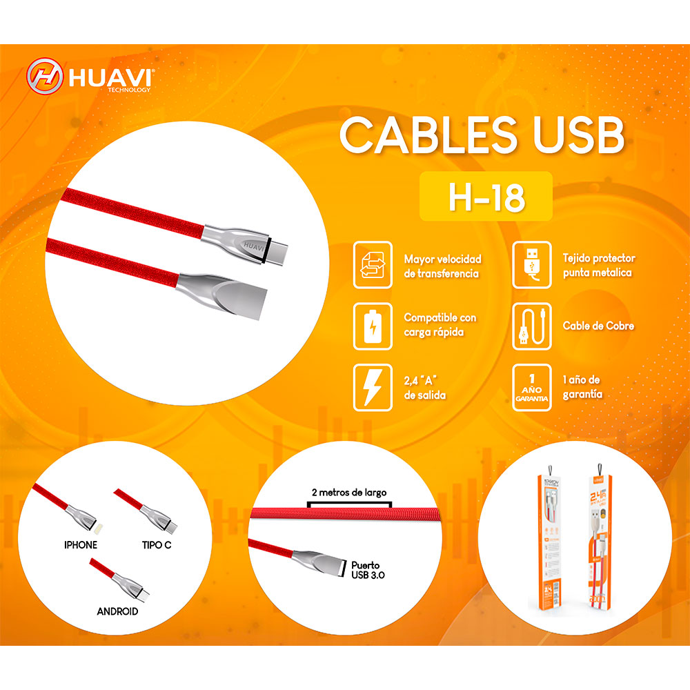img Cable USB Huavi H-18 Tipo C Punta Metalizada