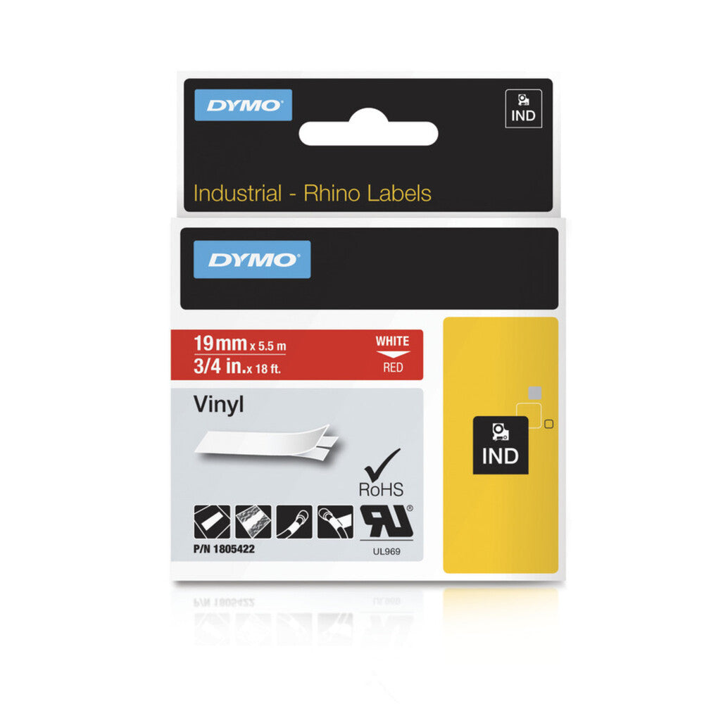 img Cinta Dymo Rhino Industrial Vinil Blanco sobre Rojo 19mm x 5.5m 1805422