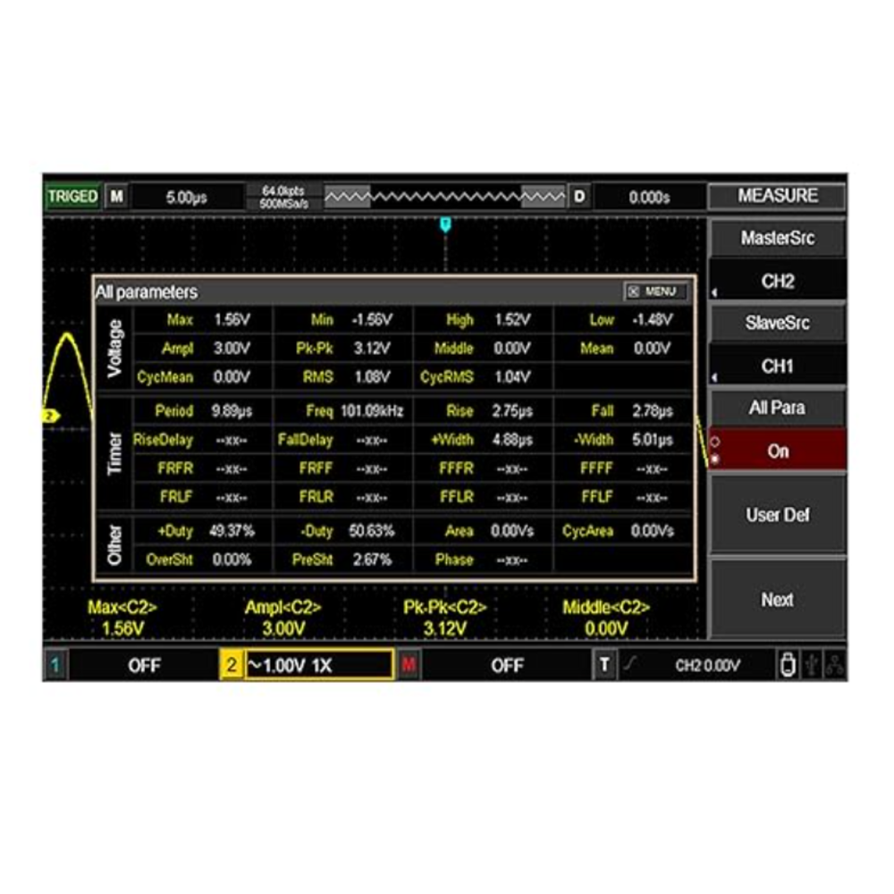 img Osciloscopio Uni-t Digital Banda Ancha 100MHz 2 Canales Analogicos Tasa de Muestreo real 1GSa/s UTD2102CEX+
