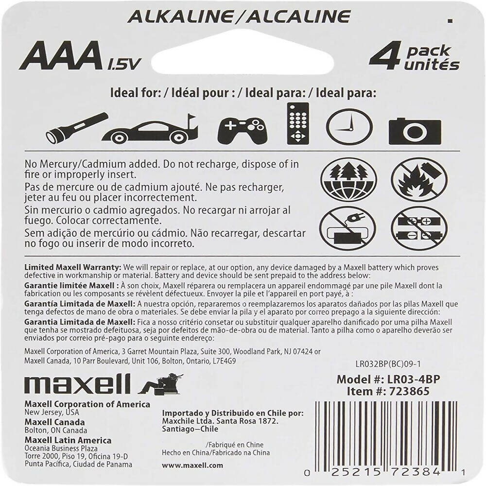 img Bateria Pila Alcalina Maxell Pack de 4 Pilas AAA 723865