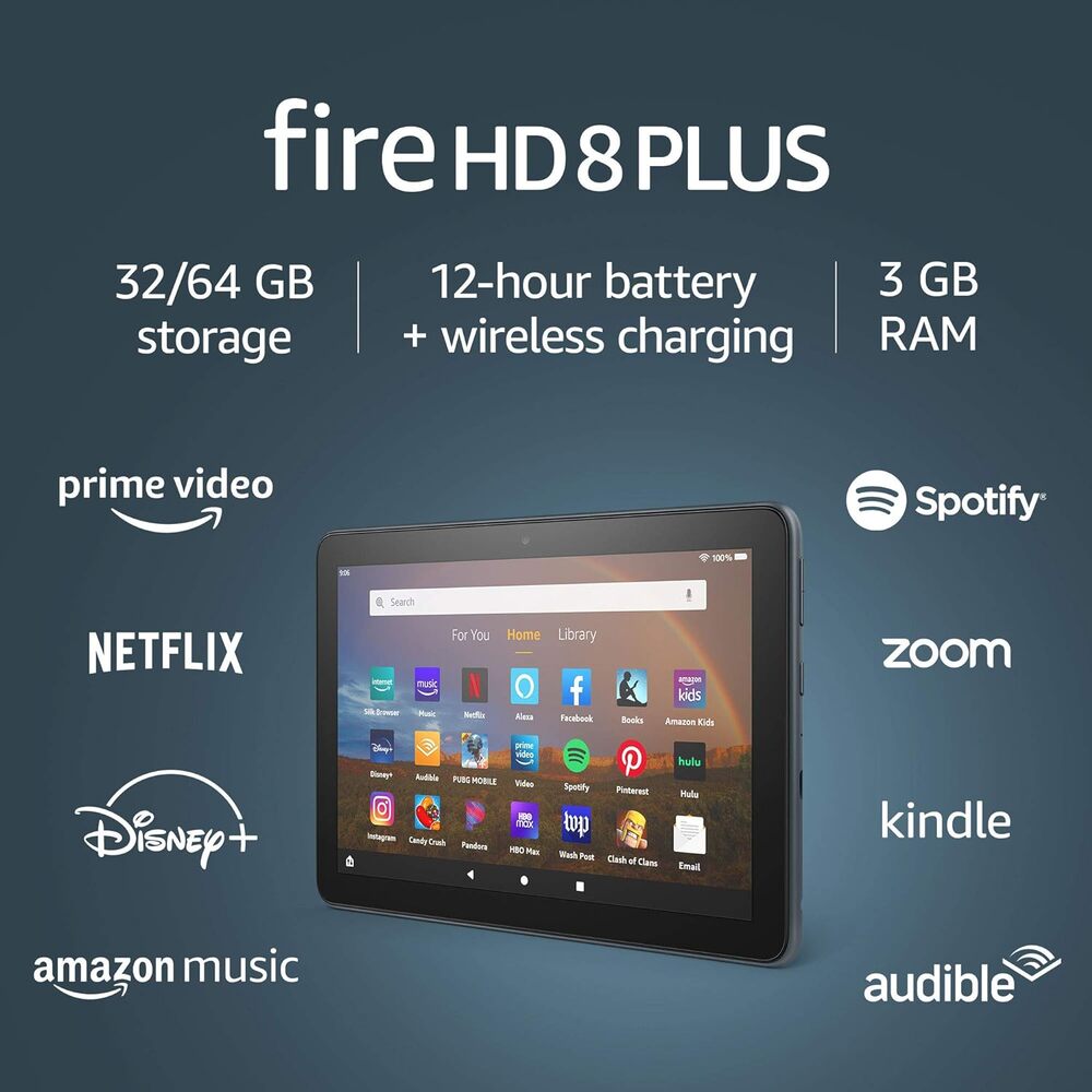 Tablet Amazon Kindle Fire HD8 Plus 10ma Gen Pantalla HD 8" 32GB Memoria 3G RAM Carga Inalambrica color Negro 840080593050
