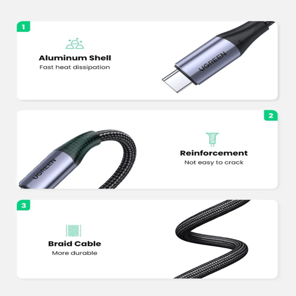 img Cable USB-C 3.2 Gen2 Ugreen Tipo C a C de 1metro 100Watts 5Amp Transferencia hasta 10Gbps Thunderbolt 3 80150
