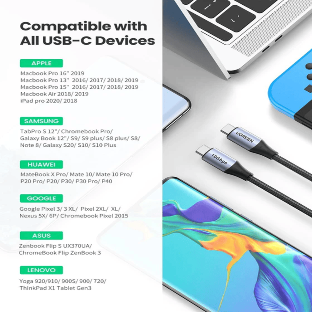img Cable USB-C 3.2 Gen2 Ugreen Tipo C a C de 1metro 100Watts 5Amp Transferencia hasta 10Gbps Thunderbolt 3 80150