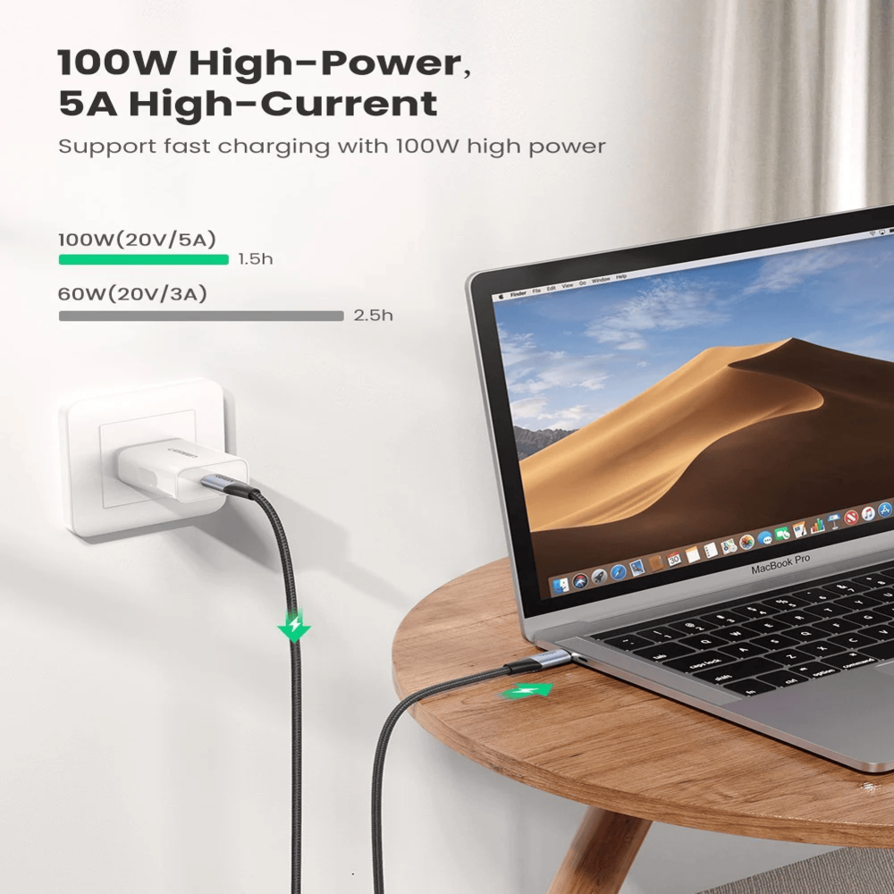 img Cable USB-C 3.2 Gen2 Ugreen Tipo C a C de 1metro 100Watts 5Amp Transferencia hasta 10Gbps Thunderbolt 3 80150