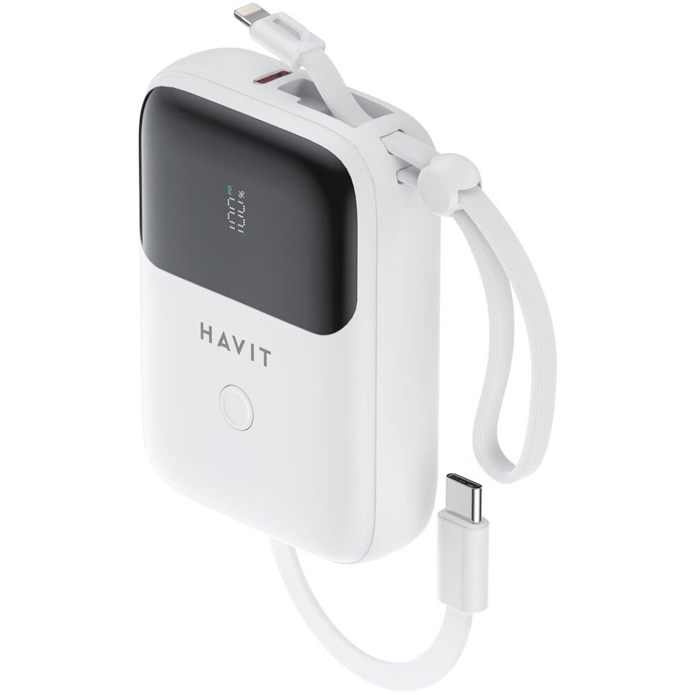 img Cargador Portatil Havit Power Bank de 10.000 mAh con Indicador Digital doble salida USB-C y Lightning color Blanco PB5215-WH