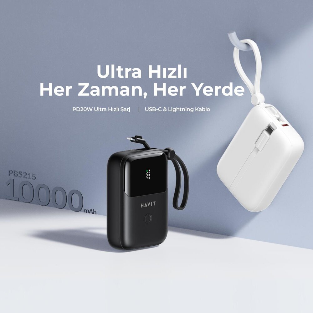img Cargador Portatil Havit Power Bank de 10.000 mAh con Indicador Digital doble salida USB-C y Lightning color Blanco PB5215-WH