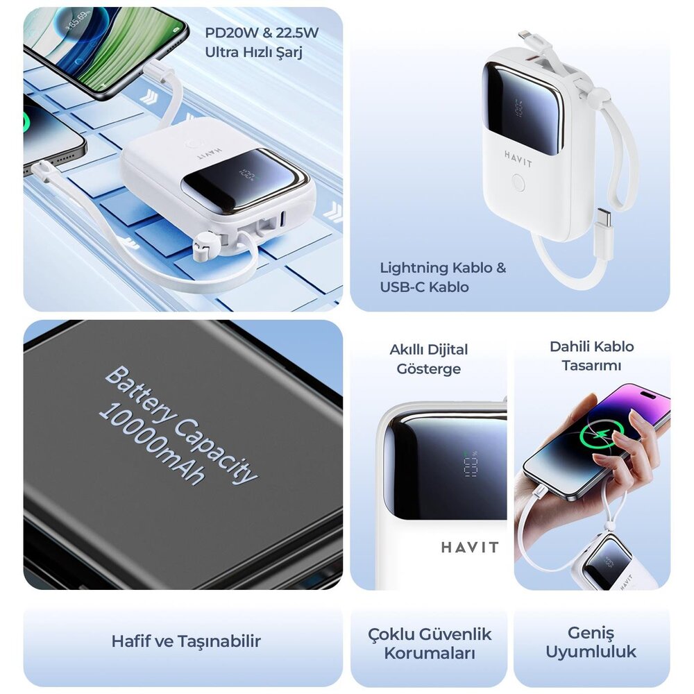 img Cargador Portatil Havit Power Bank de 10.000 mAh con Indicador Digital doble salida USB-C y Lightning color Negro PB5215-BK