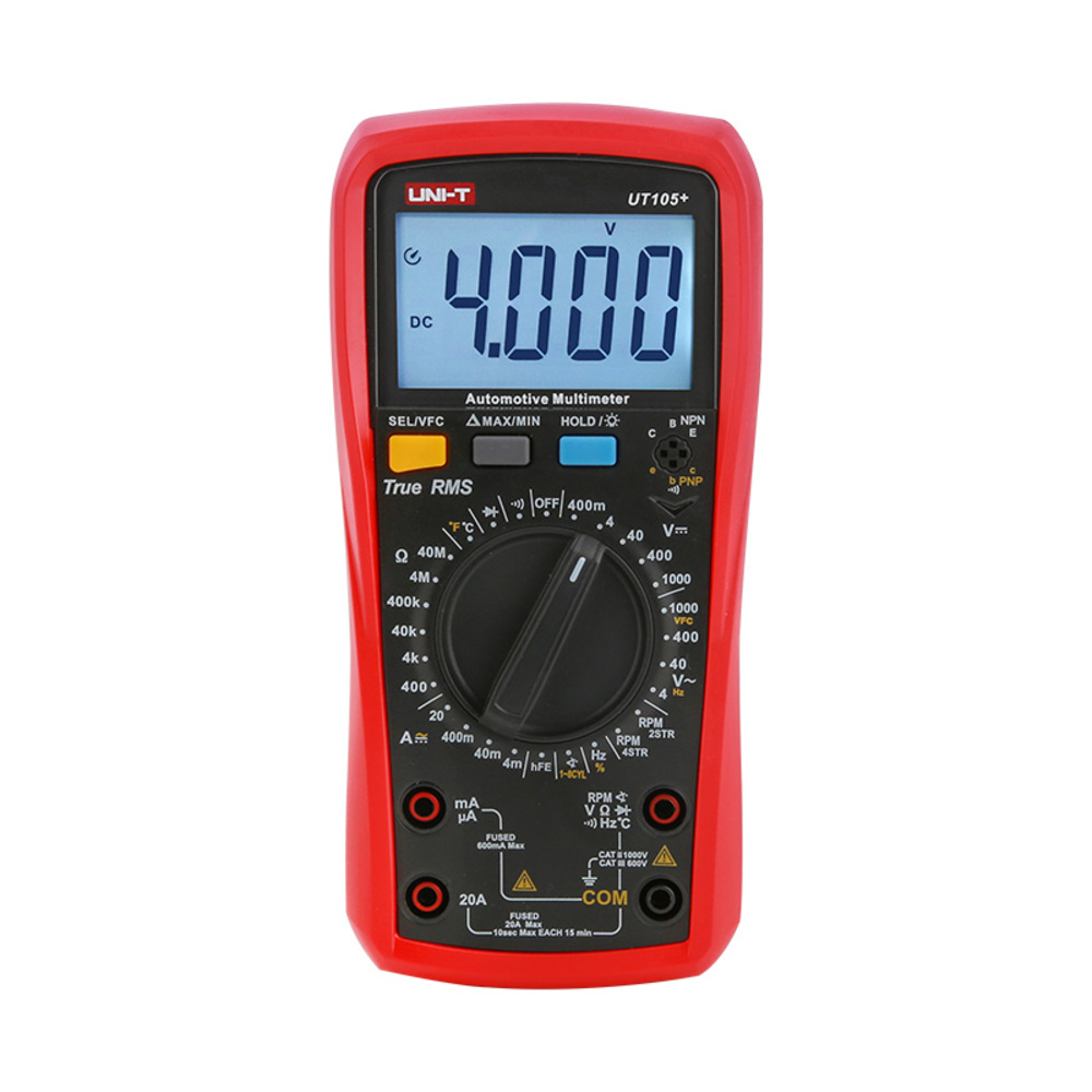 img Multimetro Digital Uni-T Automotriz RMS Verdadero Voltaje Corriente Resistencia Capacitancia Frecuencia Temperatura VFC RPM UT105+