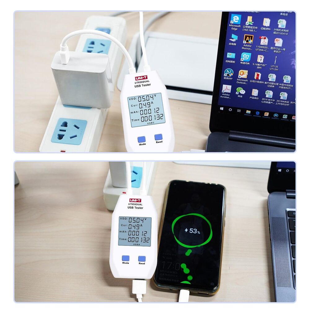 img Probador de Capacidad USB Tipo A y C Uni-T mide Voltaje Corriente Energia Resistencia UT658DUAL