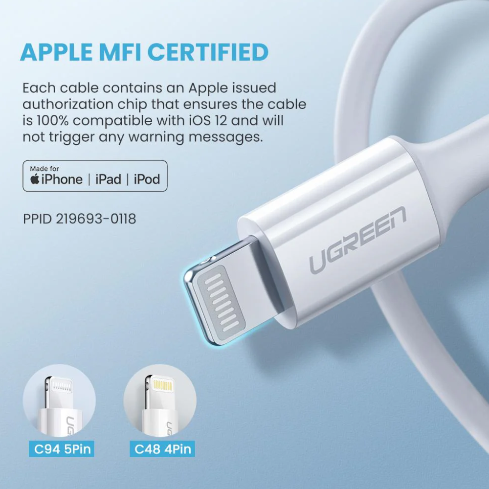 img Cable Ugreen de Carga para Iphone MFI Certificado USB-C a Lightning PD20W Carga Rapida Velocidad hasta 480Mbps 10493