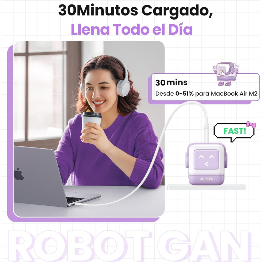 img Cargador Ugreen USB-C 65W Nexode Robot GaN con Pantalla LED y Botas Magneticas Extraibles 1xUSB-A 3.0 y 2xUSB-C color Purpura 35314