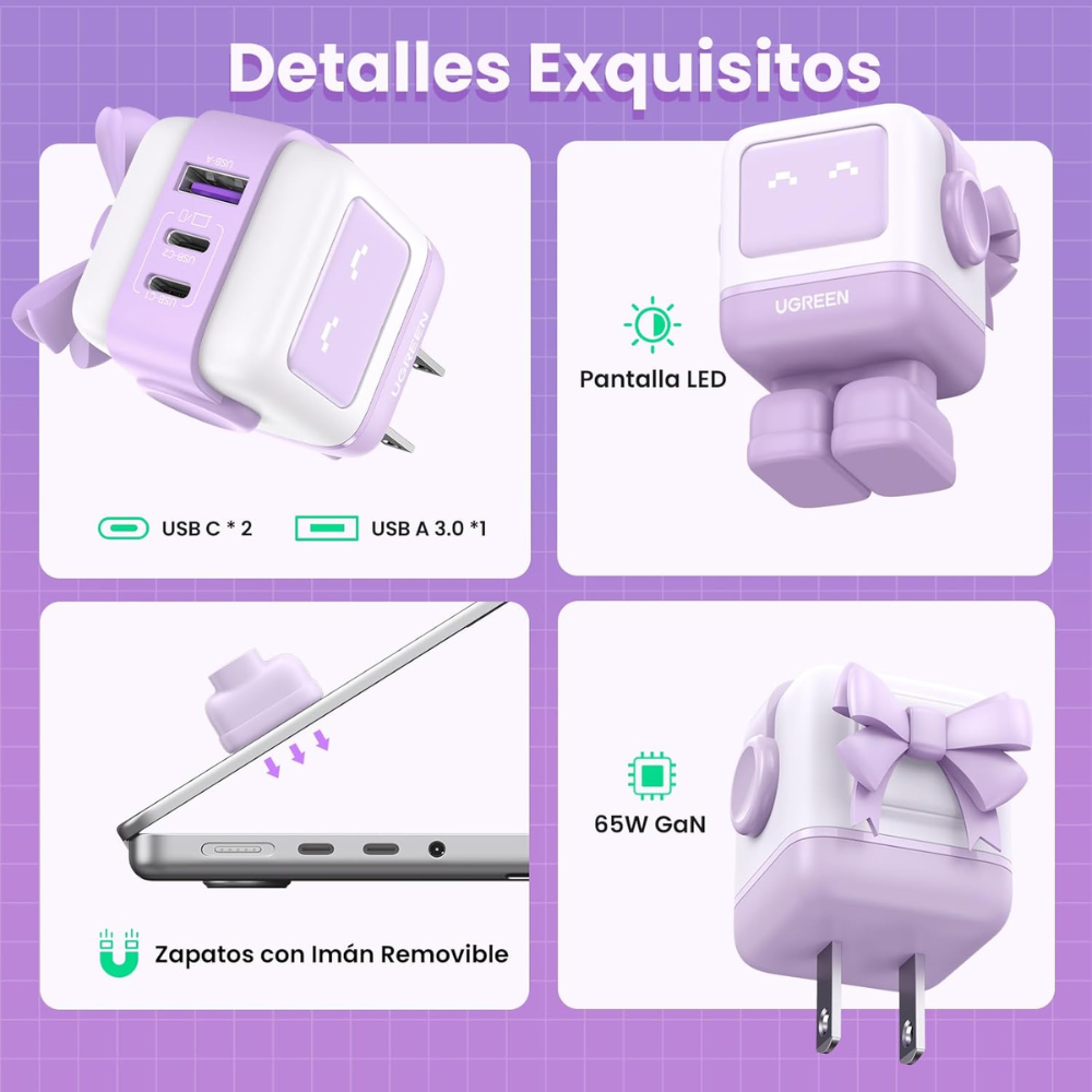 img Cargador Ugreen USB-C 65W Nexode Robot GaN con Pantalla LED y Botas Magneticas Extraibles 1xUSB-A 3.0 y 2xUSB-C color Purpura 35314