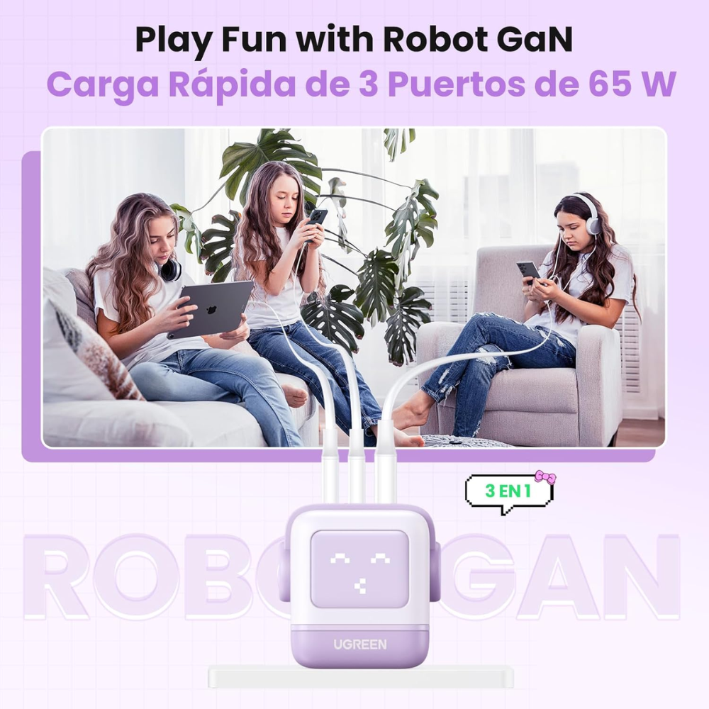 img Cargador Ugreen USB-C 65W Nexode Robot GaN con Pantalla LED y Botas Magneticas Extraibles 1xUSB-A 3.0 y 2xUSB-C color Purpura 35314
