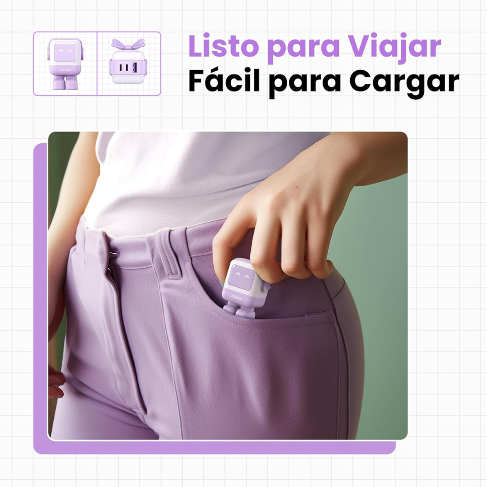 img Cargador Ugreen USB-C 65W Nexode Robot GaN con Pantalla LED y Botas Magneticas Extraibles 1xUSB-A 3.0 y 2xUSB-C color Purpura 35314