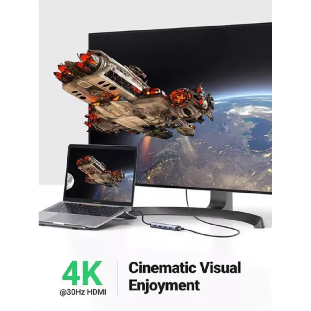 img Hub USB-C Ugreen 5en1 4xUSB-A 3.0 y 1xHDMI Modo Dual 4K 30Hz Soporte 3D Amplia Compatibilidad 20197
