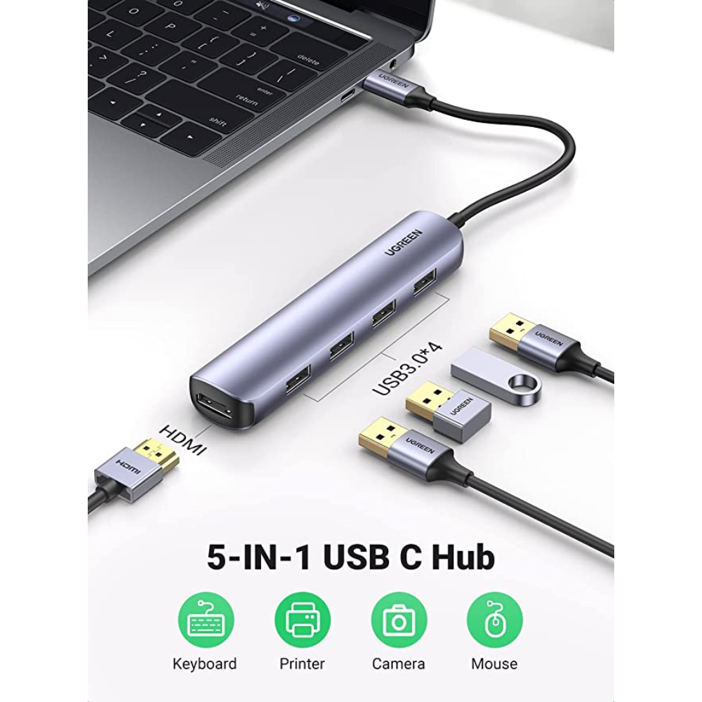 img Hub USB-C Ugreen 5en1 4xUSB-A 3.0 y 1xHDMI Modo Dual 4K 30Hz Soporte 3D Amplia Compatibilidad 20197