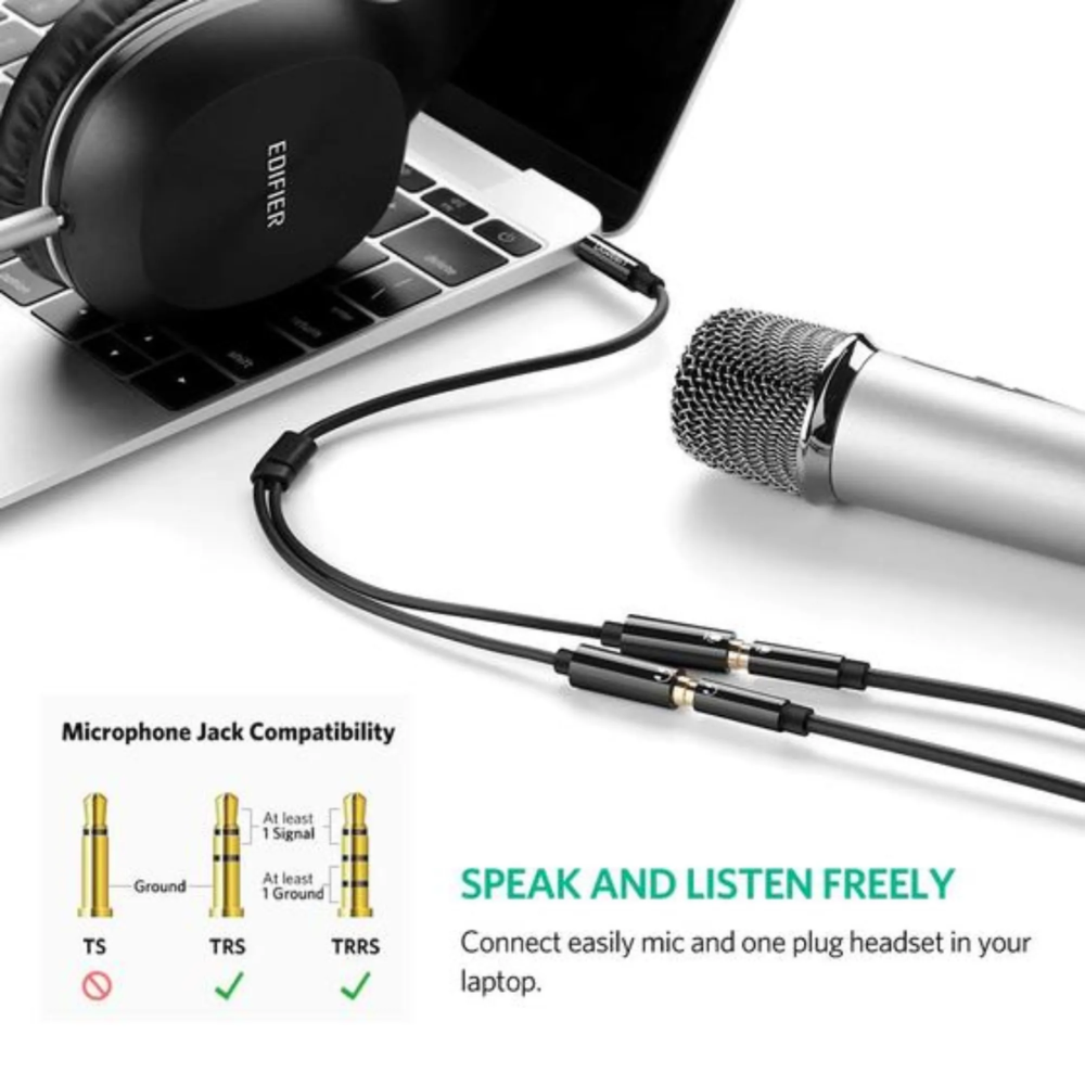 img Cable de Audio Ugreen 3.5mm Macho a 2 Hembra con Adaptador de Audio y Microfono Individual 30620