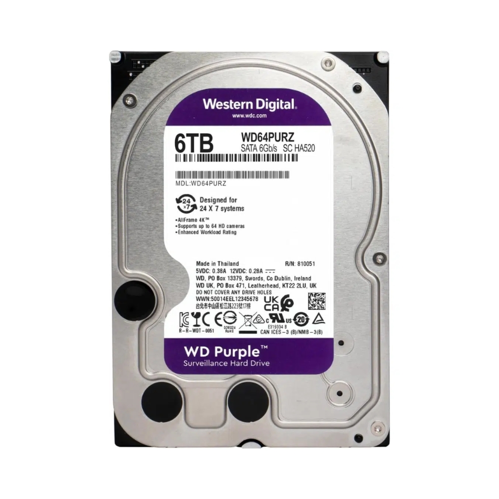 img Disco Duro Western Digital Purpura 6TB 5400RPM Sata 6GB/s 3.5" Trabajo 24/7 para Videovigilancia CCTV WD64PURZ