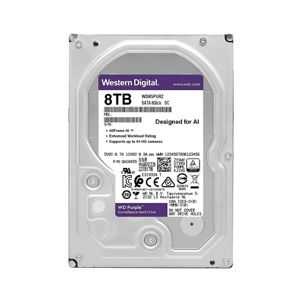 img Disco Duro Western Digital Purpura 8TB 5400RPM Sata 6GB/s 3.5" Trabajo 24/7 para Videovigilancia CCTV WD85PURZ