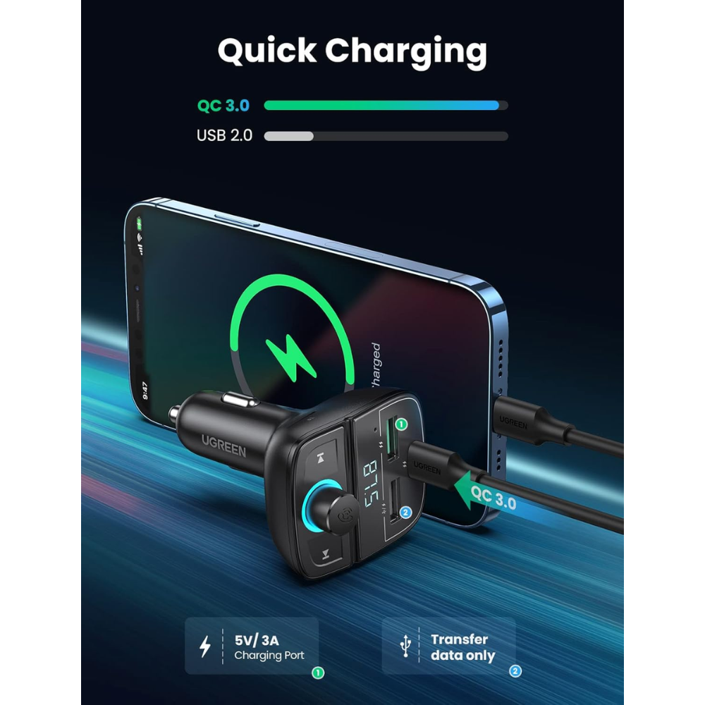 Transmisor Bluetooth Ugreen 5.0 para Vehiculo 1 Puerto USB-C QC3.0 Carga Rapida 2 Puertos USB-A PD20W 80910