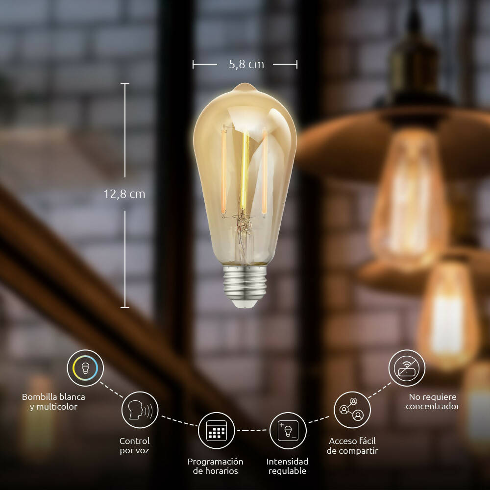 img Foco LED Nexxt Inteligente Regulable Filamento tipo Ambar WiFi compatible con Alexa y Google rosca E26 E27 de 8W NHB-A520