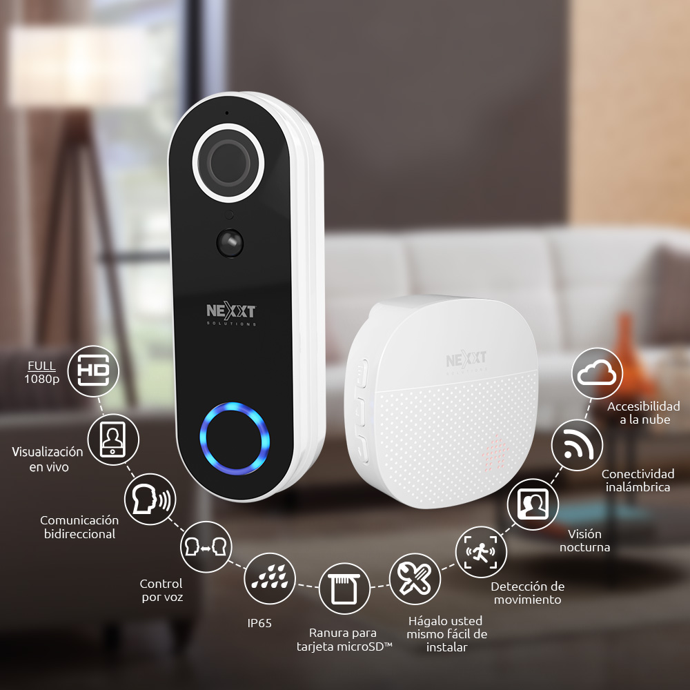 img Timbre Inteligente Nexxt Camara Video Portero Full HD WiFi Alexa Google Audio Bidireccional Deteccion de Movimiento Vision Nocturna Proteccion IP65 NHC-D100