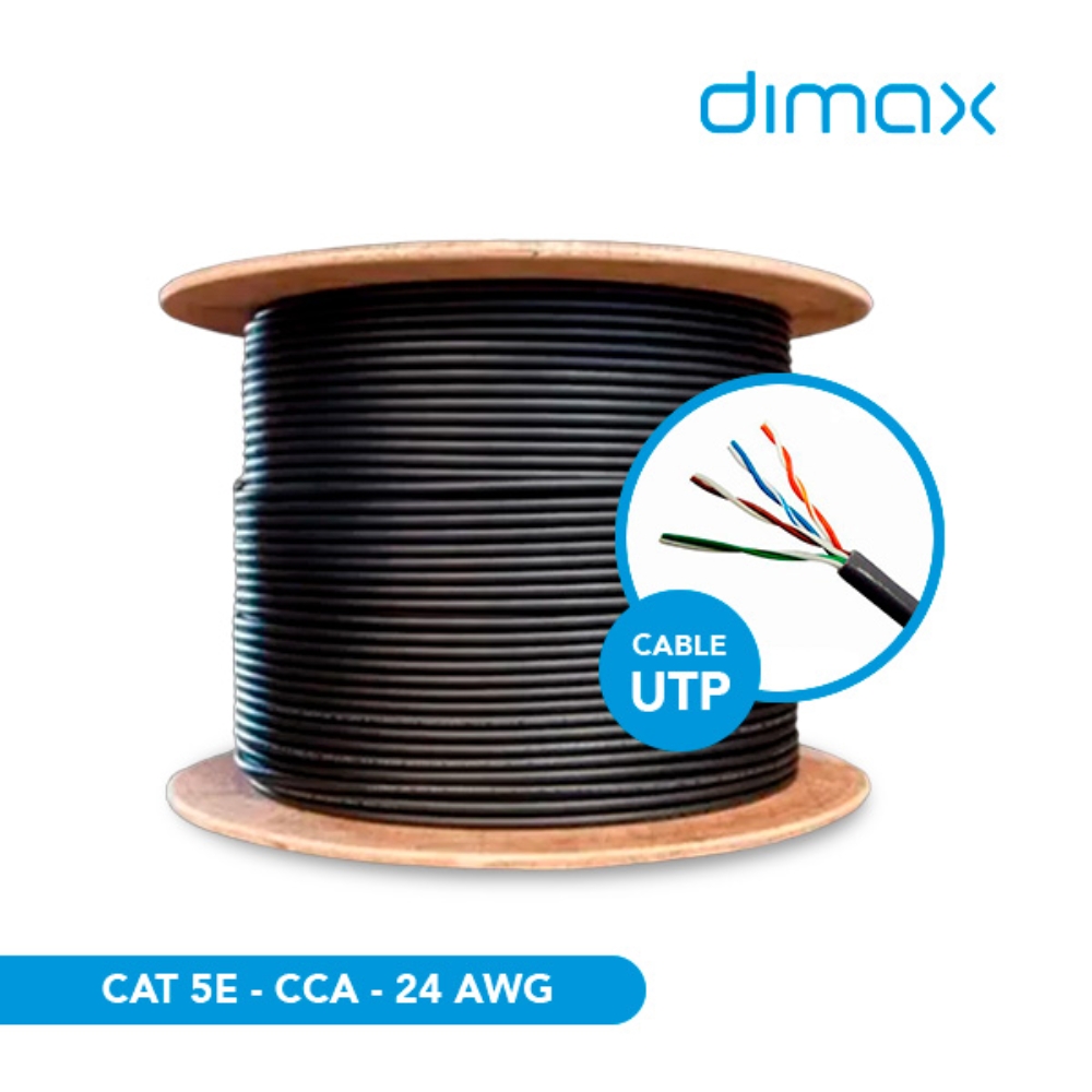 img Cable Ethernet UTP Dimax Categoria 5E 24AWG Aleacion Longitud 305 Metros para Exterior Jacket PE color Negro con Carrete de Madera C711
