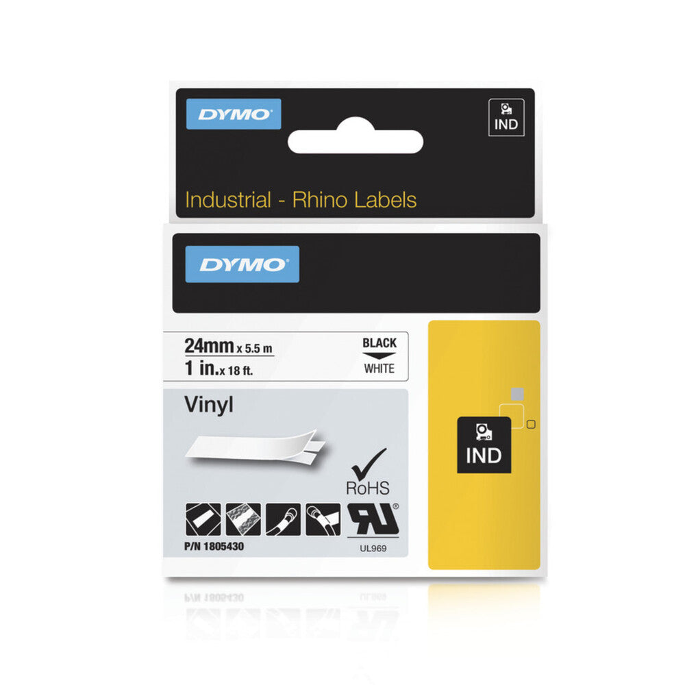 img Cinta Dymo Rhino Industrial Vinil Negro sobre Blanco 24mm x 5.5m 1805430