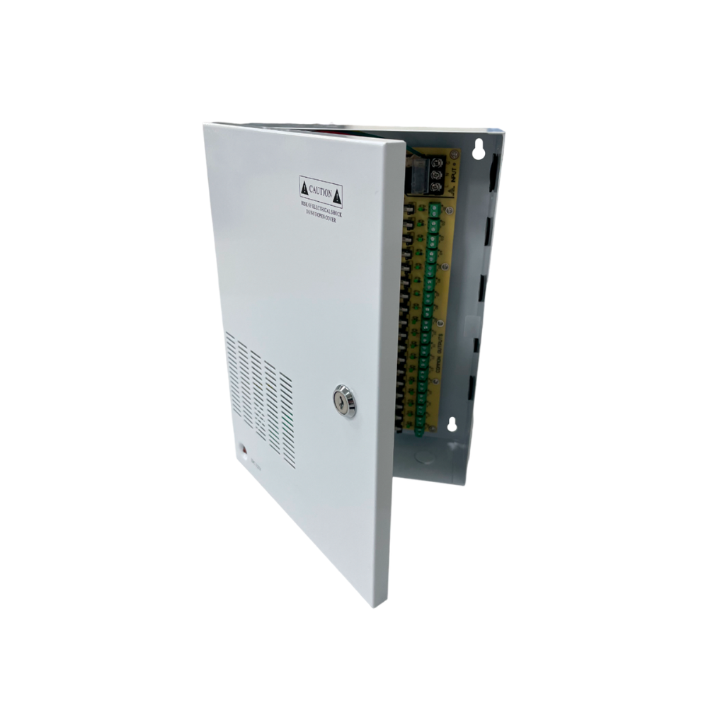 img Fuente Supervisada Dimax 12Vdc 25Amp con 18 Salidas para Camaras 12Vdc 1.3Amp Caja Metalica Fusible General y por Canal M006