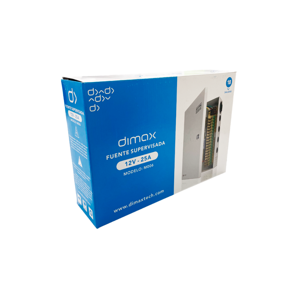 img Fuente Supervisada Dimax 12Vdc 25Amp con 18 Salidas para Camaras 12Vdc 1.3Amp Caja Metalica Fusible General y por Canal M006
