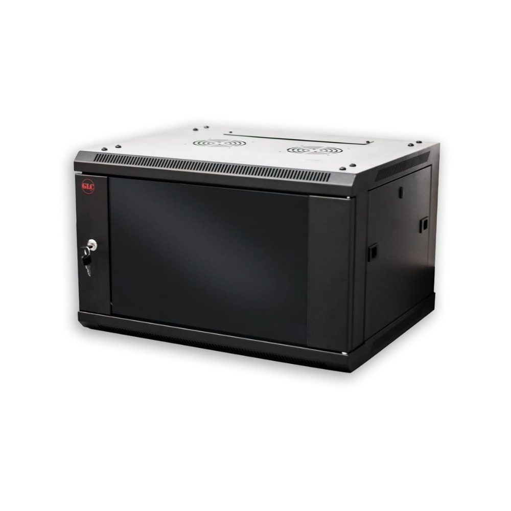 Gabinete GLC 6U 370x500x600mm SOHO Puerta Cristal Capacidad 60Kg Norma ROHS color Negro GLC-MURAL-6U500