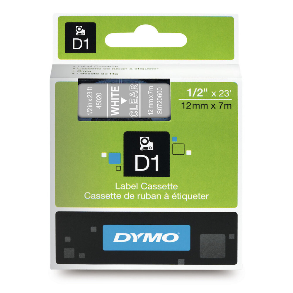 img Cinta Dymo D1 Labelmanager Standard Blanco sobre Transparente 12mm x 7m 45020