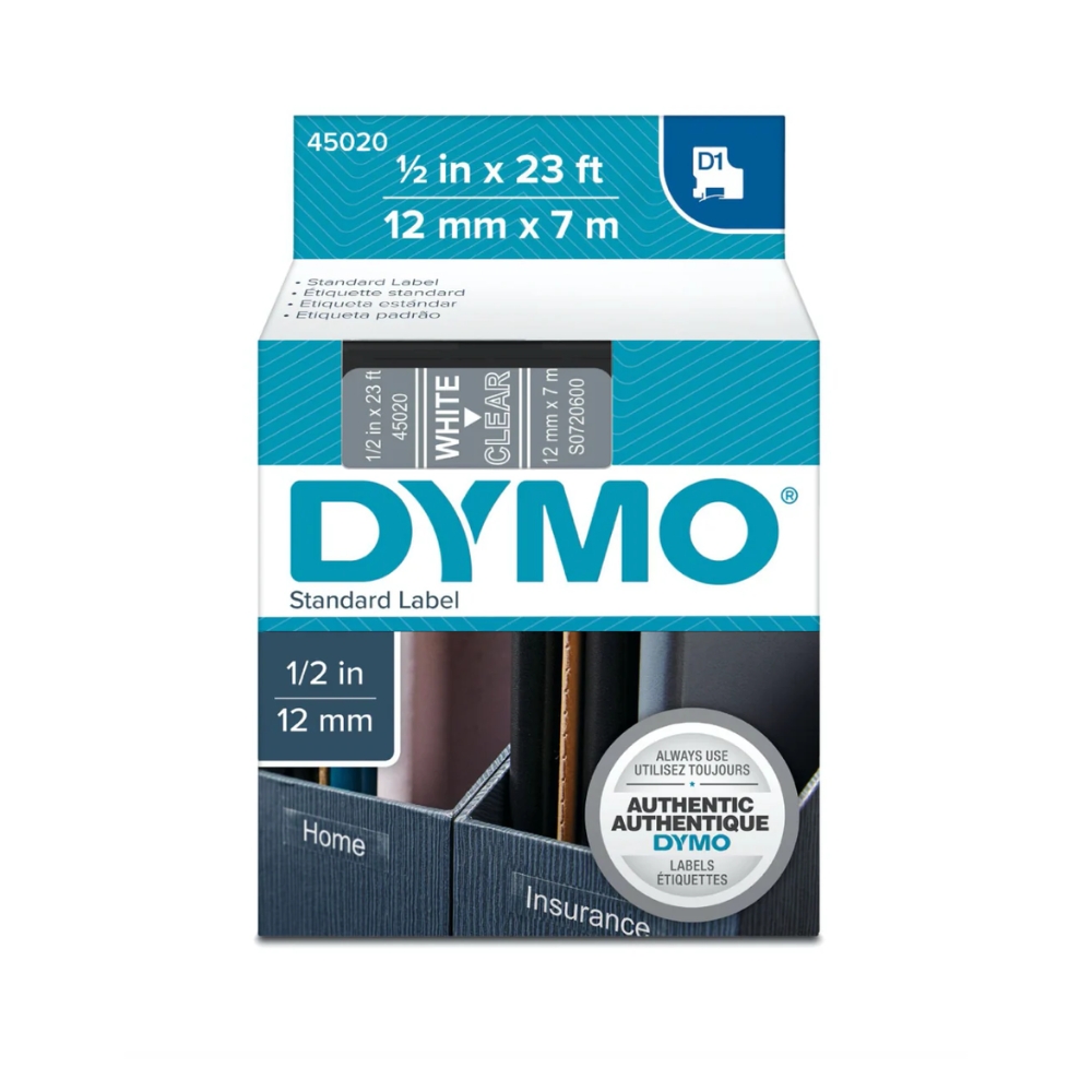 img Cinta Dymo D1 Labelmanager Standard Blanco sobre Transparente 12mm x 7m 45020