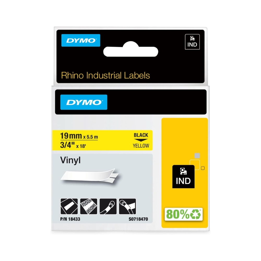 img Cinta  Dymo Rhino Industrial Vinil Negro sobre Amarillo 19mm x 5.5m 18433