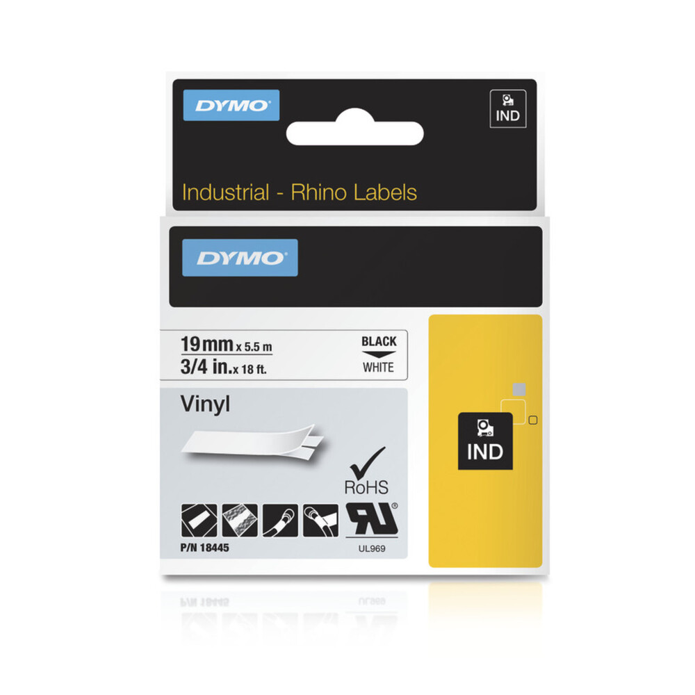 img Cinta Dymo Rhino Industrial Vinil Negro sobre Blanco 19mm x 5.5m 18445
