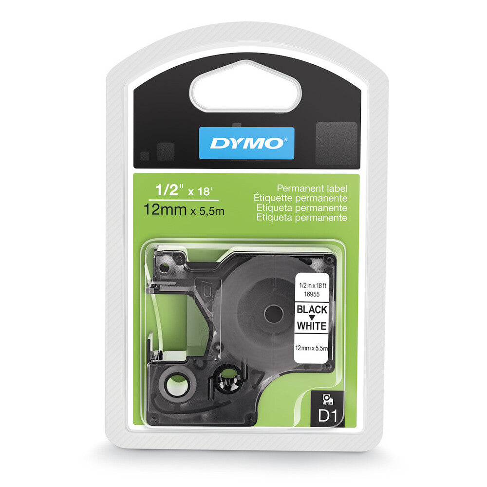 Cinta Dymo D1 Labelmanager Permanente Negro sobre Blanco 12mm x 5.5m 16955