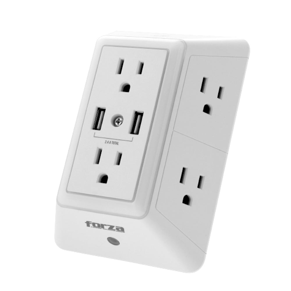 Tomacorriente Forza 6 tomas NEMA Con Protector de Sobretension Luz nocturna y 2 Puertos USB-A FWT-6201USB