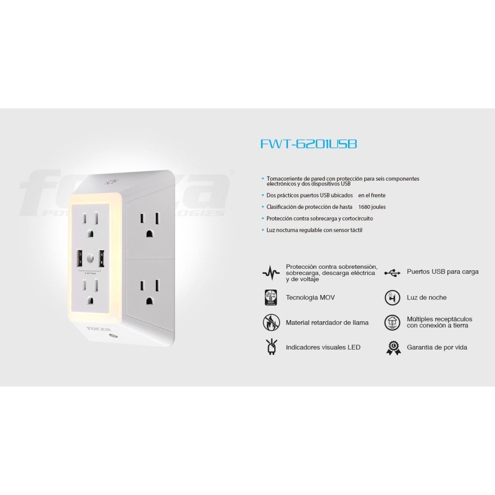 img Tomacorriente Forza 6 tomas NEMA Con Protector de Sobretension Luz nocturna y 2 Puertos USB-A FWT-6201USB