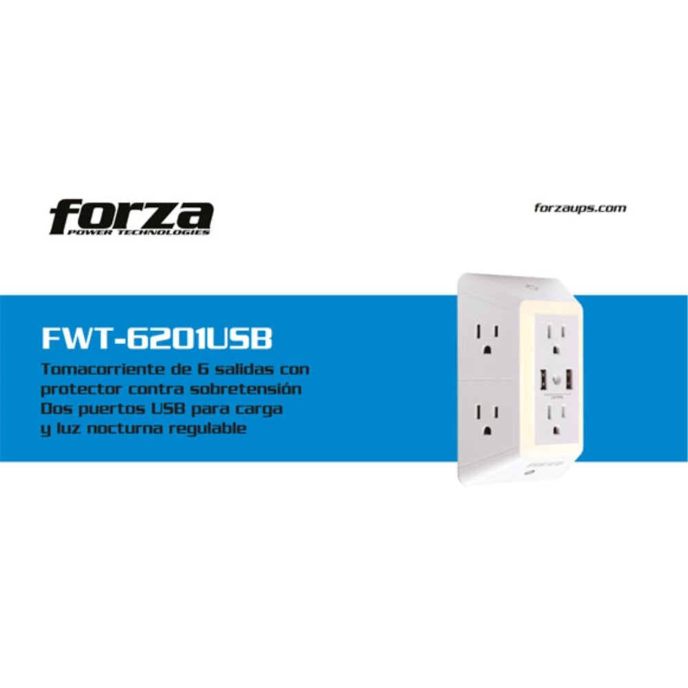 img Tomacorriente Forza 6 tomas NEMA Con Protector de Sobretension Luz nocturna y 2 Puertos USB-A FWT-6201USB
