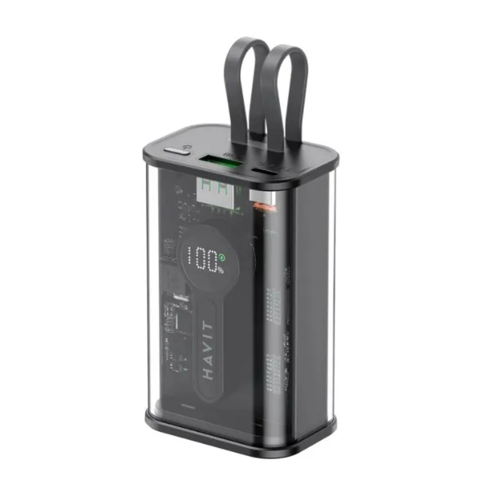 Cargador Portatil Havit Power Bank de 10.000 mAh con Indicador LED de Bateria salidas USB-A y USB-C salidas con cable USB-C y Lightning color Negro PB94-BLACK