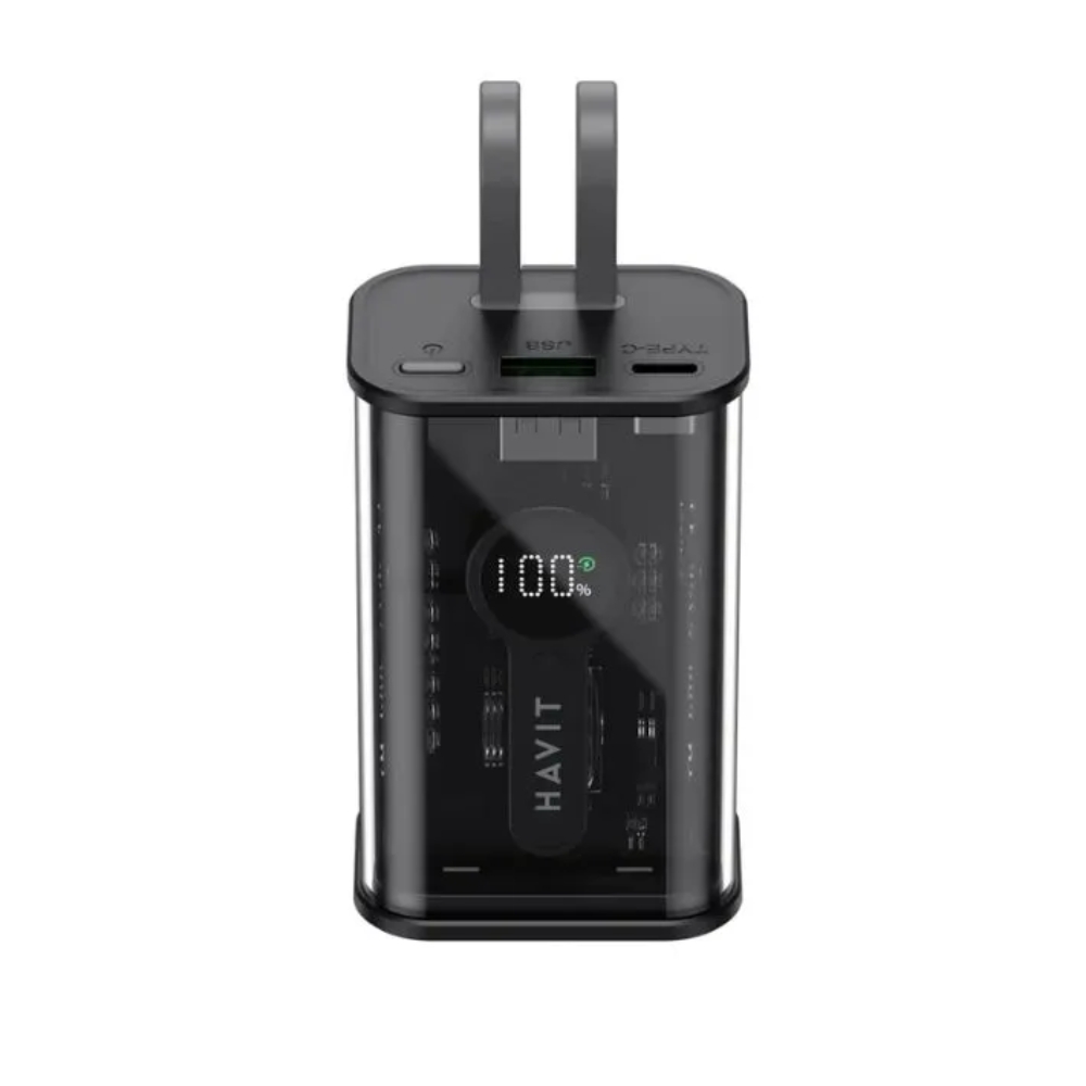 img Cargador Portatil Havit Power Bank de 10.000 mAh con Indicador LED de Bateria salidas USB-A y USB-C salidas con cable USB-C y Lightning color Negro PB94-BLACK