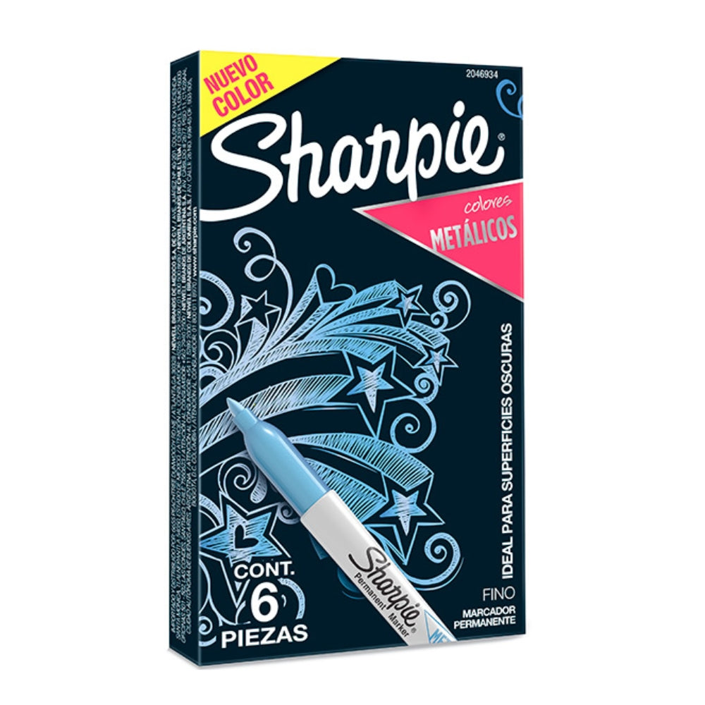 Set de 6 Marcadores Sharpie Permanente Ideal para Superficies Oscuras punta Fina color Azul Metalizado 2046935