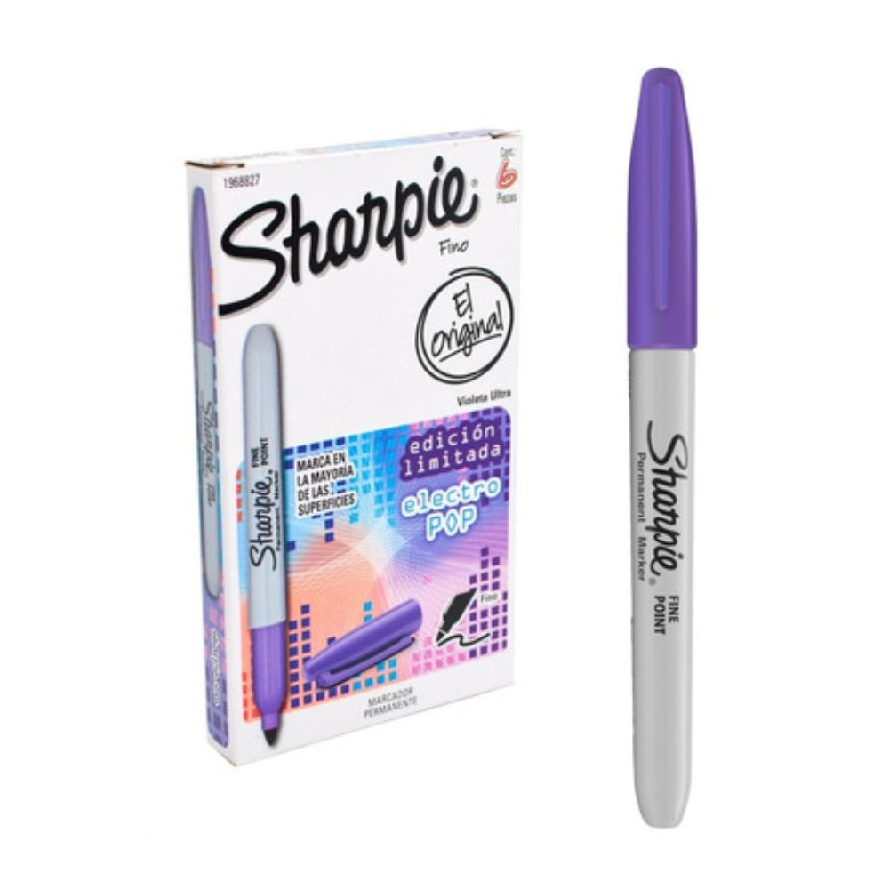 Set de 6 Marcadores Sharpie Permanente para Mayoria de Superficies Electro Pop punta Fina color Violeta Ultra 1968827