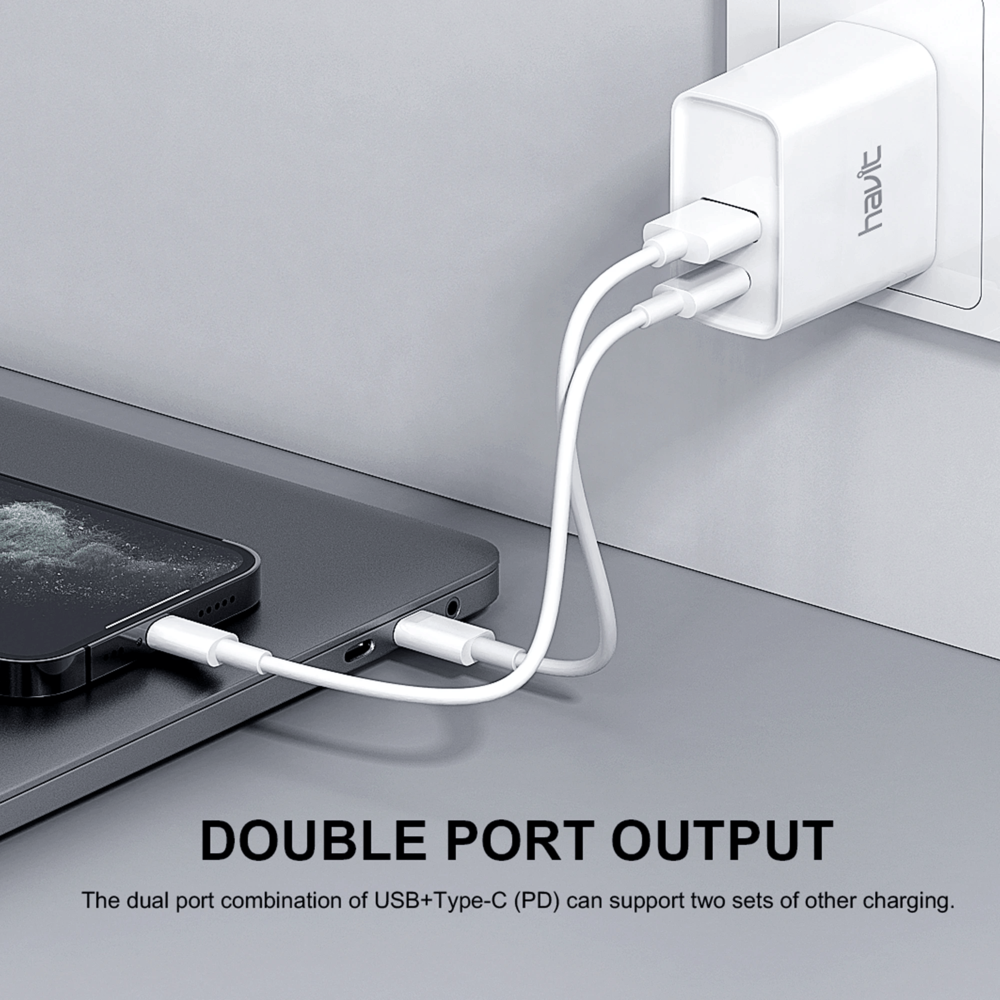 img Cargador Havit PD20W + QC 3.0 USB-A 5/9/12V USB-C 5/9/12V color Blanco HV-UC111-US-W