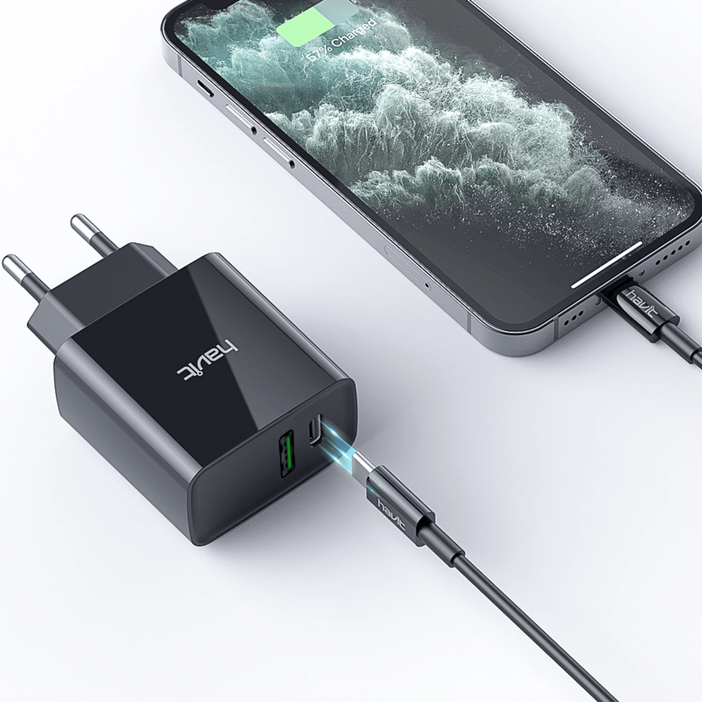 img Cargador Havit PD20W + QC 3.0 USB-A 5/9/12V USB-C 5/9/12V color Blanco HV-UC111-US-W