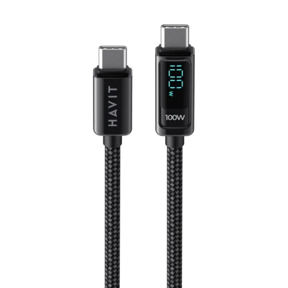 Cable Havit de carga USB-C a USB-C Soporta 20V 5Amp 100Watts con Pantalla para ver la carga Longitud 2 Metros CB6247-BLACK