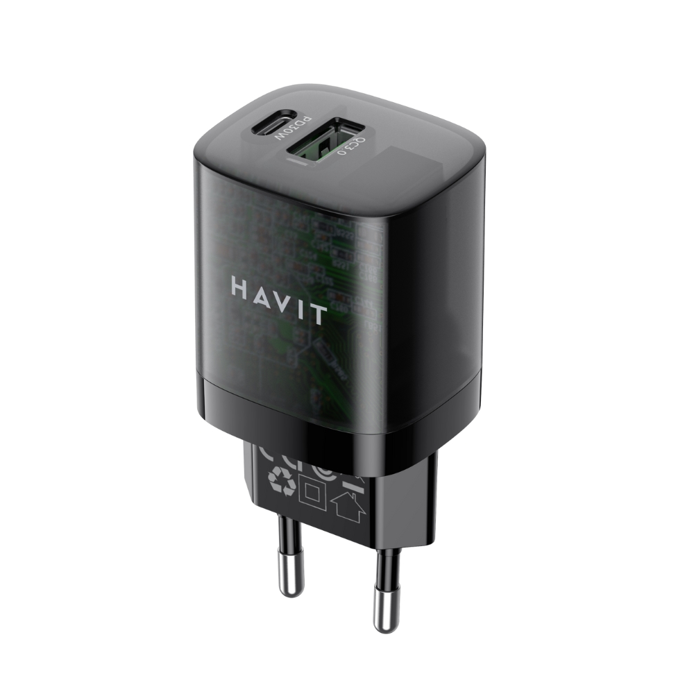 Cargador de viaje Havit 30 Watts Salida 1 Puerto USB-A y 1 Puerto USB-C UC303-BLACK