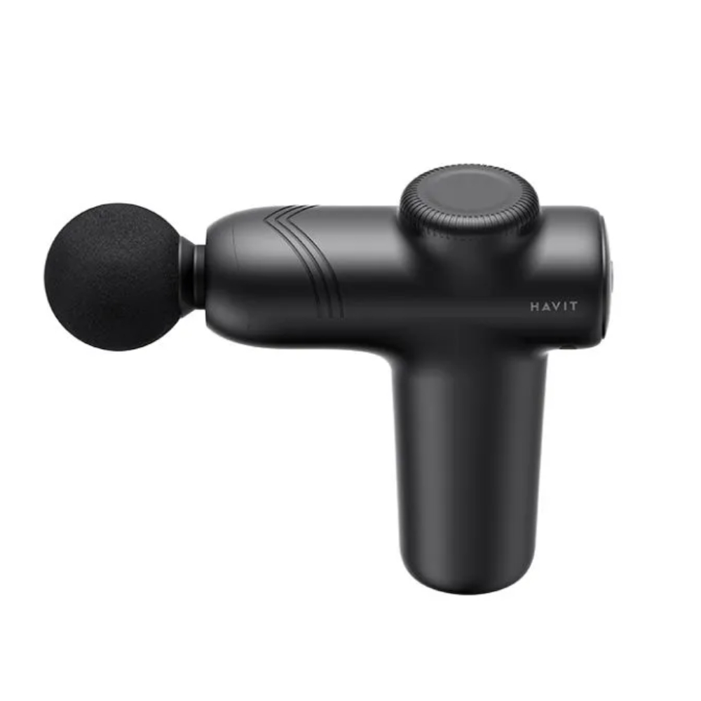 Mini Pistola de Masaje Havit Bajo Nivel de Ruido y Apagado Inteligente con 4 Cabezales y 5 Velocidades hasta 3000 RPM puerto de carga USB-C MG1508
